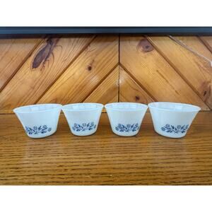 VTG Dynaware Milk Glass Blue Flower Custard Cups Set of 4 Ramekins Cornflower